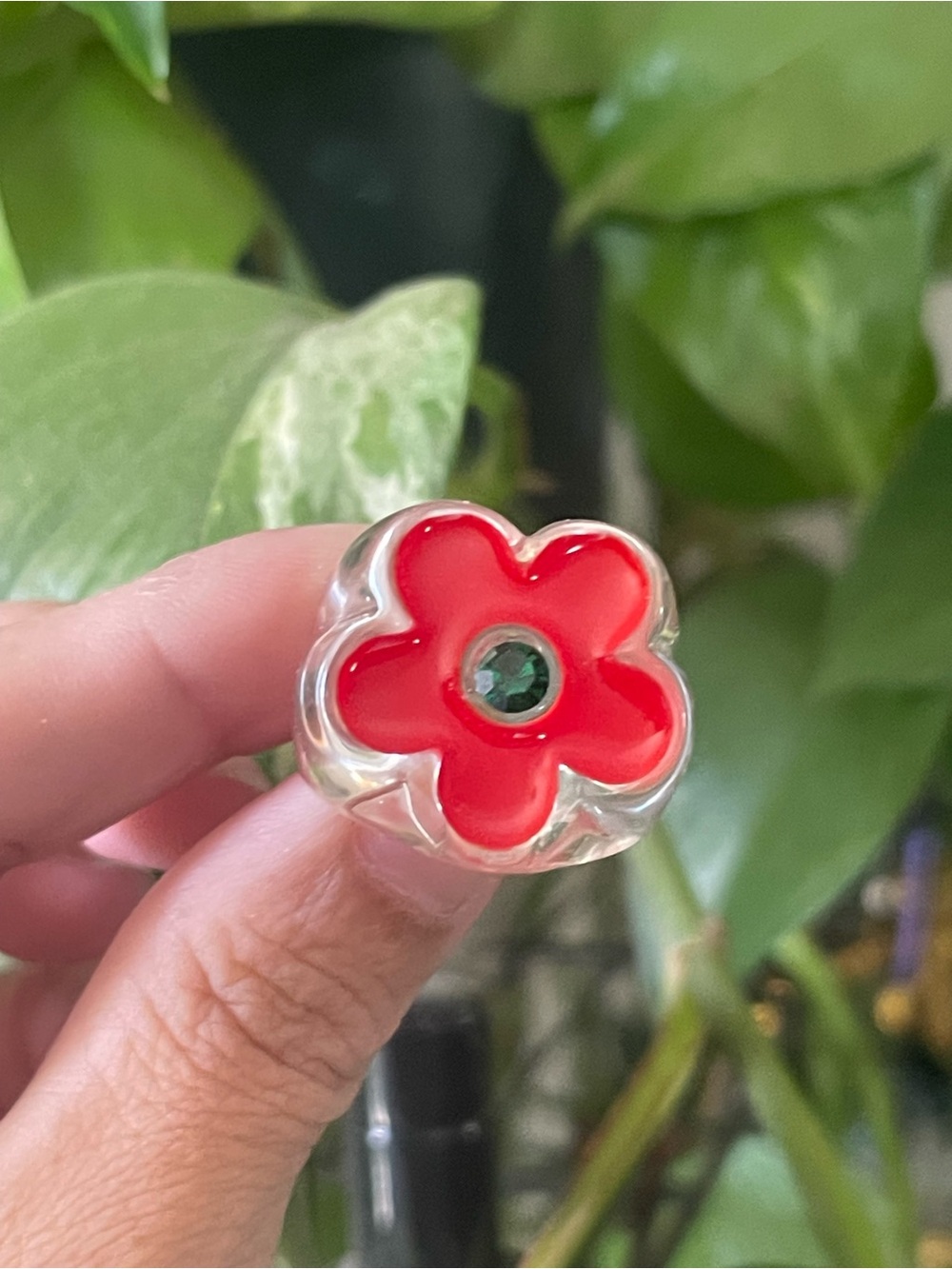 Red Flower Resin Ring with Green Gem